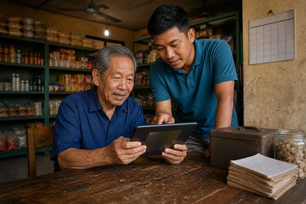 Pemilik usaha kecil menatap beberapa perangkat digital yang terbengkalai di atas meja kerja