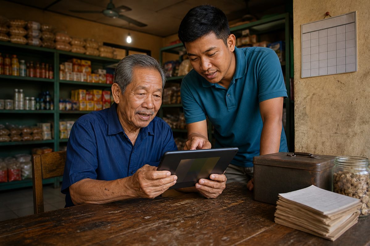 Pemilik usaha kecil membandingkan catatan di buku dengan tampilan data pada layar telepon