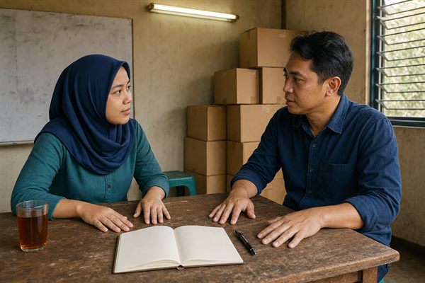 Pemilik usaha menyusun daftar pertanyaan survei di buku catatan sambil melayani pembeli di depan toko