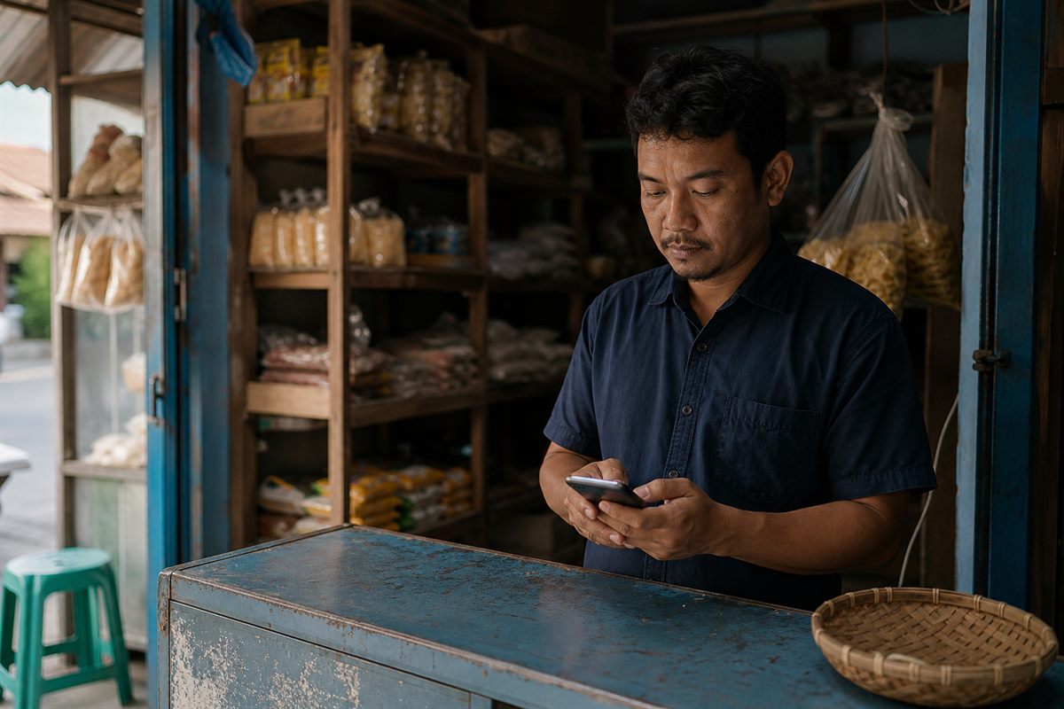 Penjual online memeriksa daftar produk dan menjawab pertanyaan pembeli dari meja kerjanya