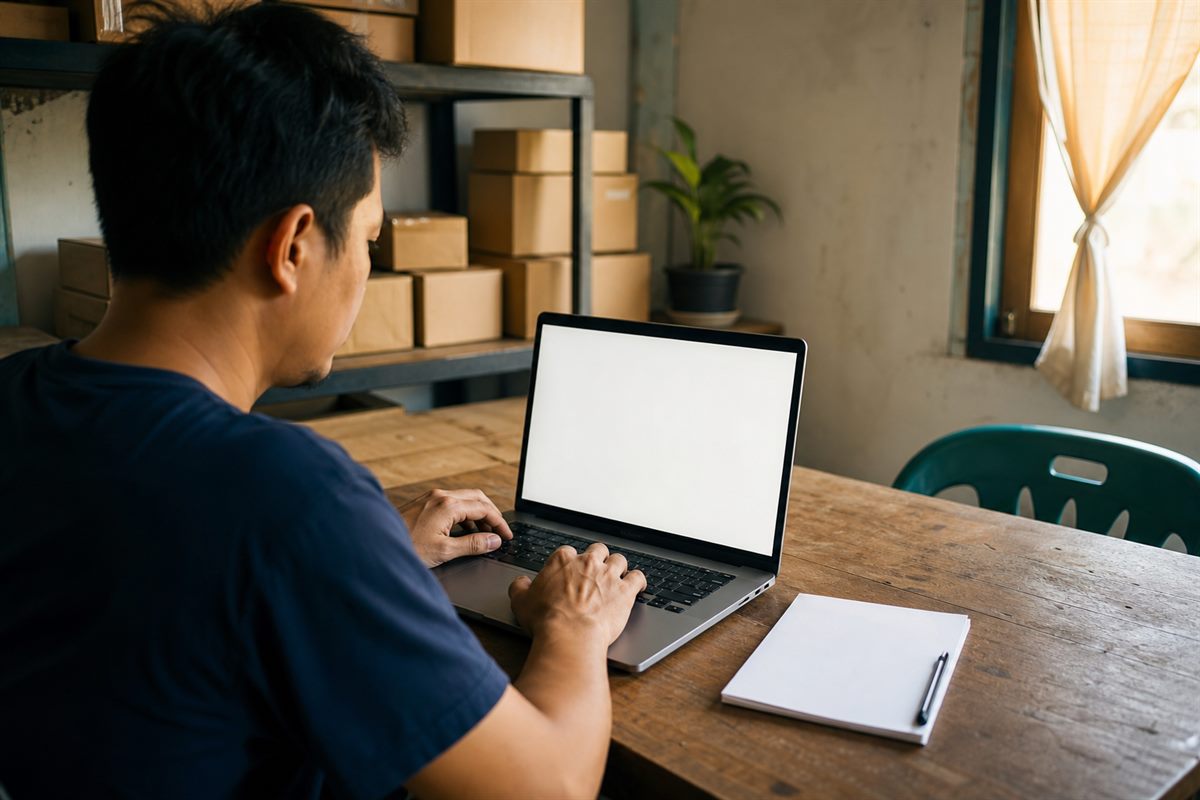 Pemilik usaha menuliskan pertanyaan yang rapi di layar komputer sambil melihat catatan usaha