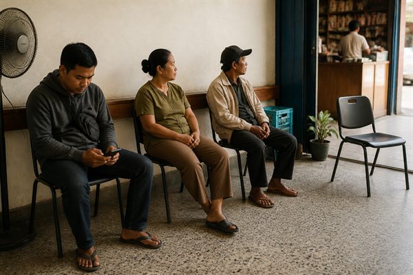 Beberapa pelanggan menunggu di depan meja usaha kecil sambil memperhatikan pilihan produk
