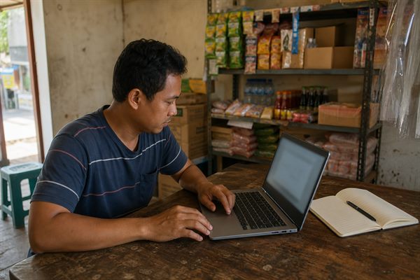 Pemilik usaha kecil belajar memakai perangkat digital di meja kasir tokonya sambil membuka catatan