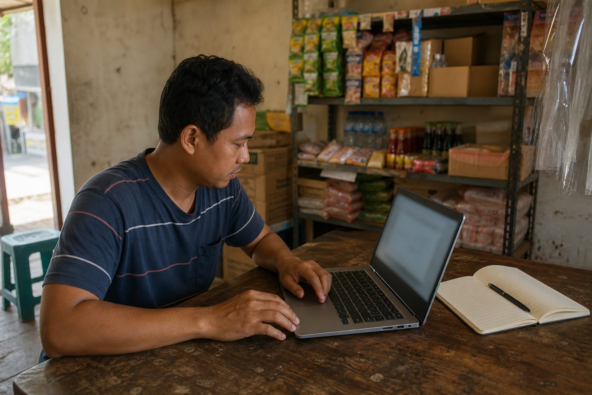 Pemilik usaha berlatih keterampilan digital pada telepon sambil didampingi karyawan di meja toko