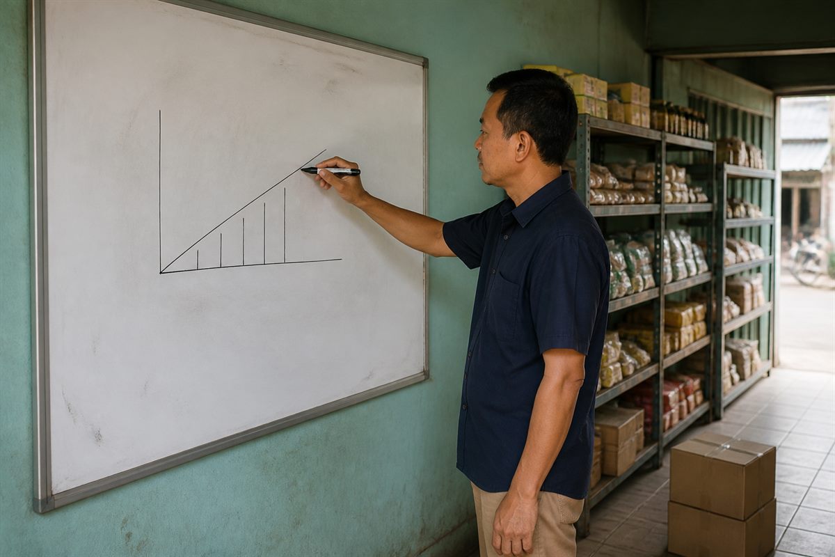 Pemilik usaha mencatat hasil uji penjualan kecil di buku catatan di atas meja