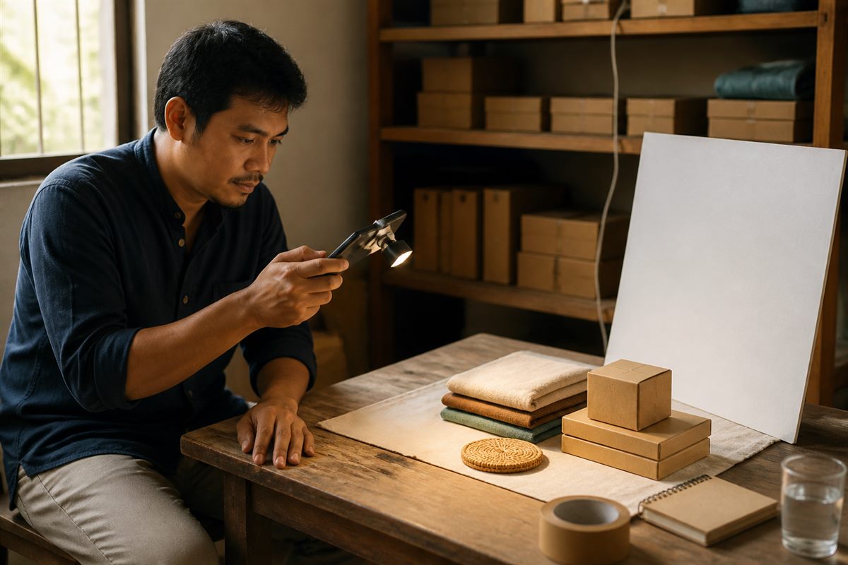 Pemilik usaha memotret satu per satu produk untuk dimasukkan ke katalog digital di atas meja kayu