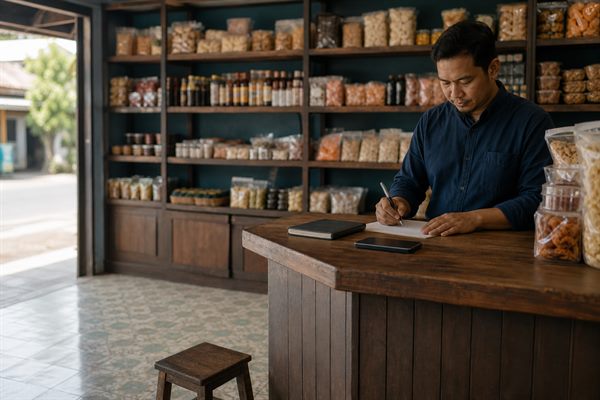Pemilik usaha kecil menata ulang barang di tokonya saat jam kunjungan sedang lengang