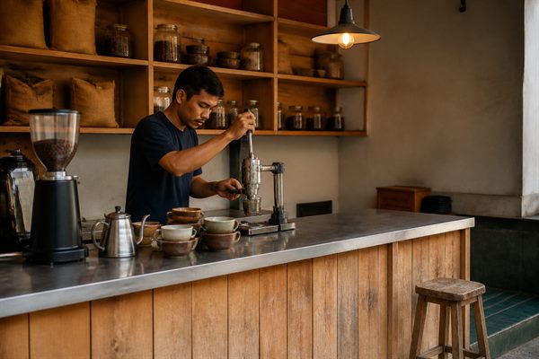 Kedai kopi kecil dengan meja kayu, mesin seduh, dan beberapa cangkir di rak