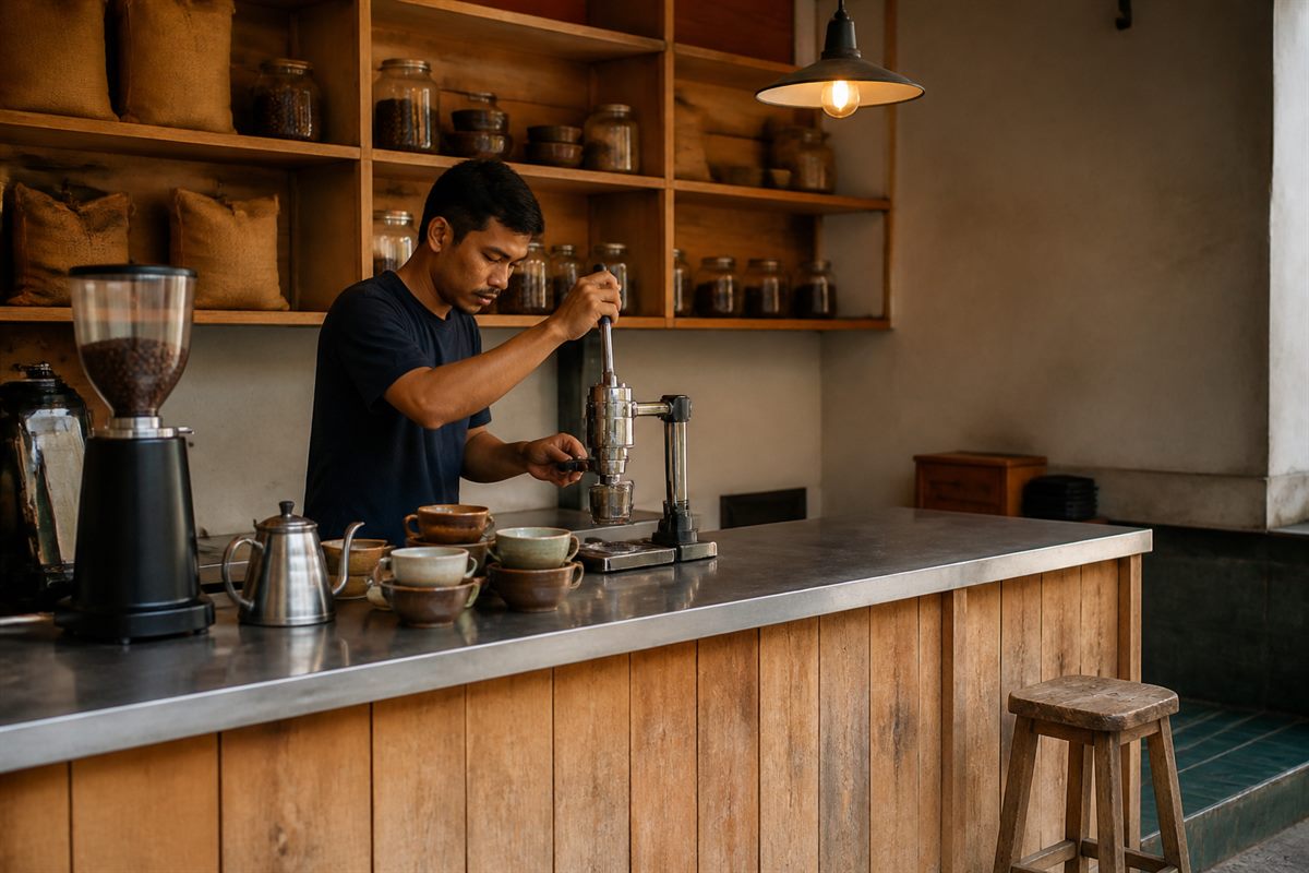 Kedai kopi kecil dengan meja kayu, mesin seduh, dan beberapa cangkir di rak