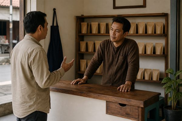 Pemilik usaha memeriksa buku catatan pelanggan dan menandai nama yang jarang datang lagi