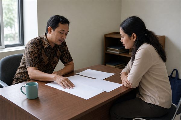 Pemilik usaha berdiskusi dengan pendamping sambil membuka buku catatan keuangan di meja