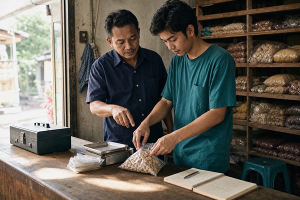 Pemilik usaha mendampingi karyawan baru mengerjakan satu tugas di belakang meja layanan