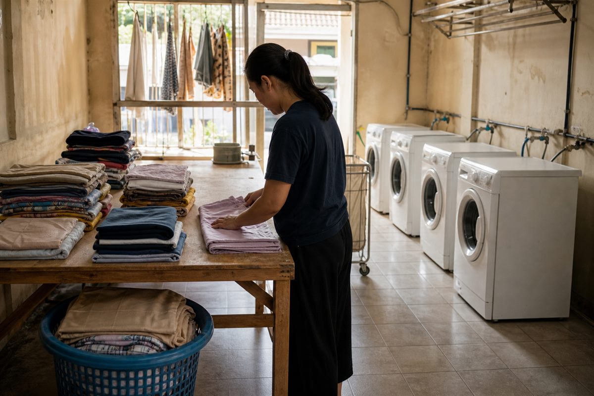 Deretan mesin cuci dan tumpukan pakaian terlipat di ruang usaha laundry