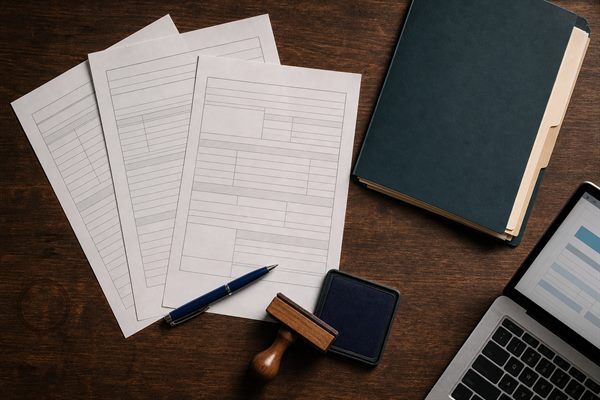 Berkas formulir, stempel, dan pena tersusun rapi di atas meja kayu