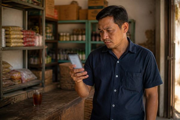 Pemilik usaha membaca hasil pencarian nama usahanya pada layar telepon di dekat meja toko