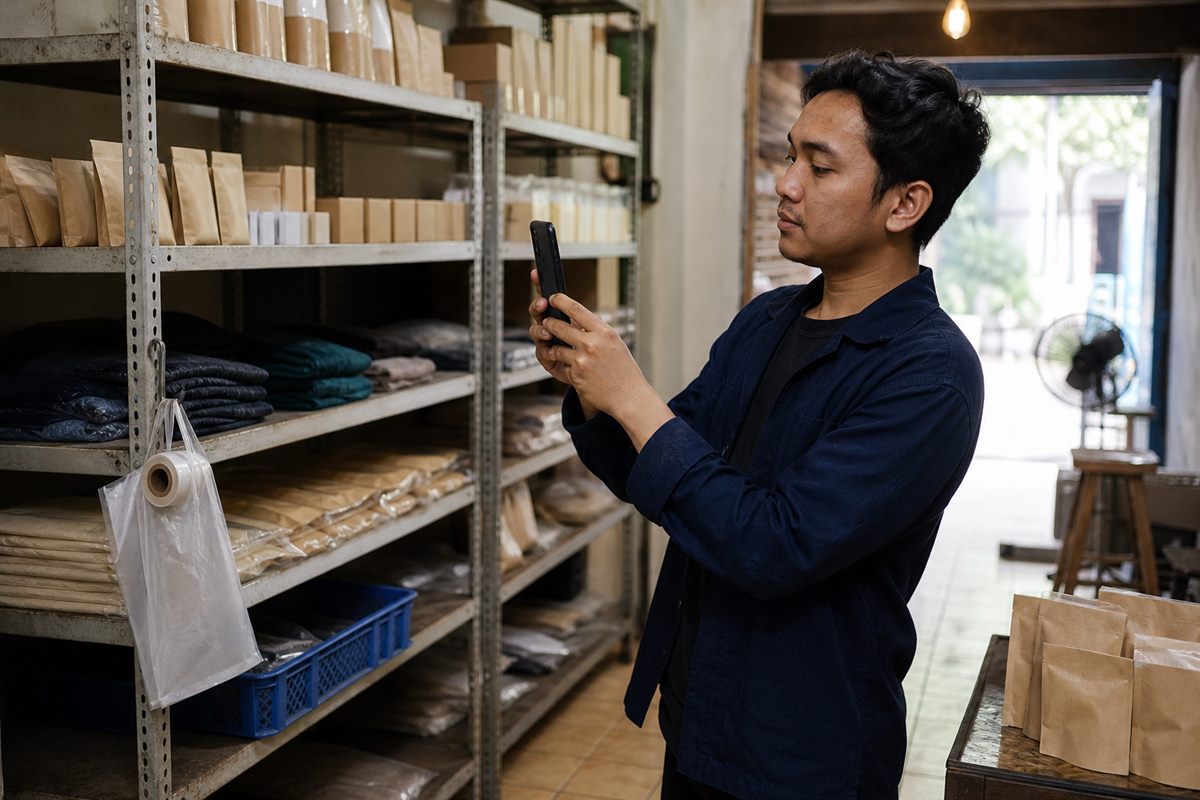 Pemilik usaha membaca ulasan pelanggan pada layar telepon di meja kasir tokonya