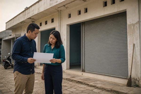Pemilik usaha berdiri di depan ruko yang disewanya sambil memandang bangunan di seberang jalan