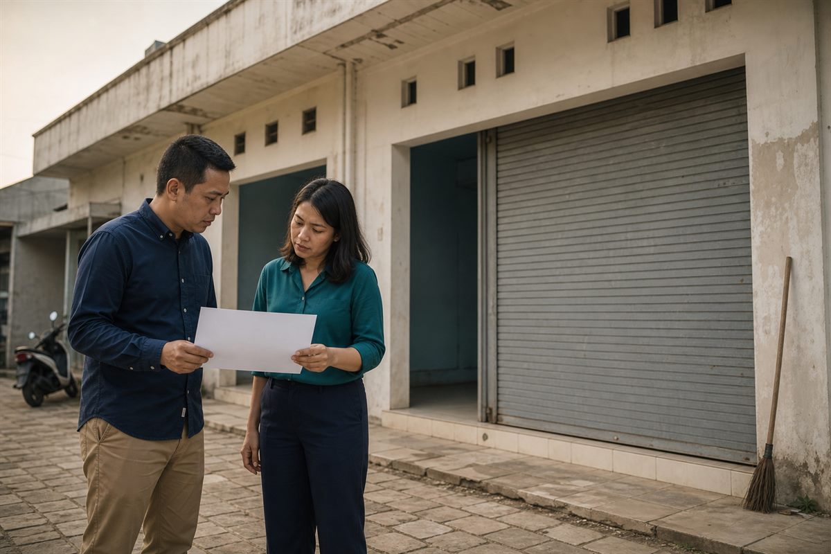 Dua orang berbicara di depan ruko kosong dengan berkas perjanjian sewa di atas meja lipat