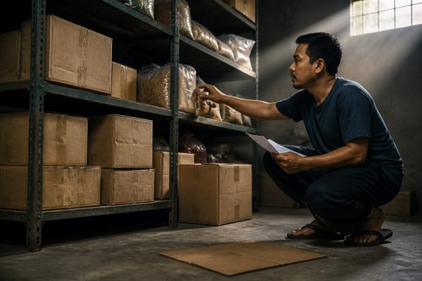 Karyawan membersihkan dan memeriksa mesin usaha di sudut ruang kerja