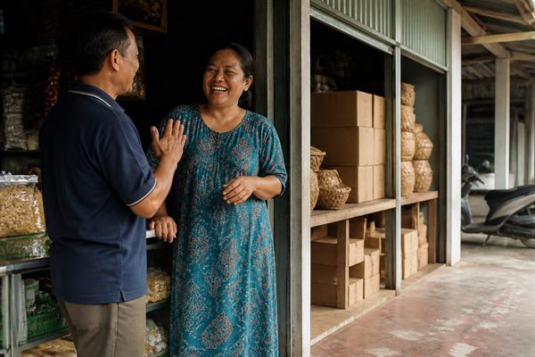 Pelanggan berbincang akrab dengan pemilik usaha di depan etalase toko kecil