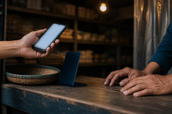 Pemilik usaha mencatat transaksi daring sambil memeriksa bukti pembayaran di meja tokonya