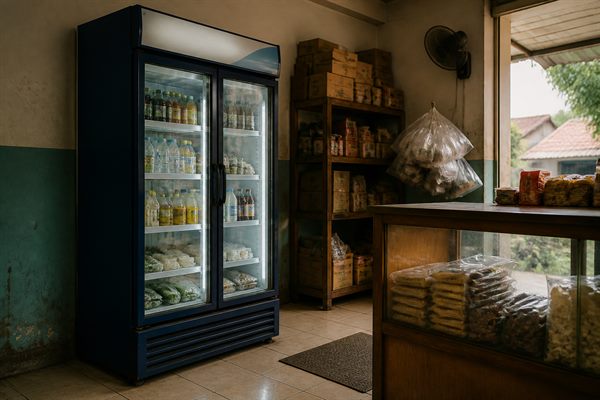 Karyawan memeriksa susunan bahan makanan di dalam lemari pendingin gerai