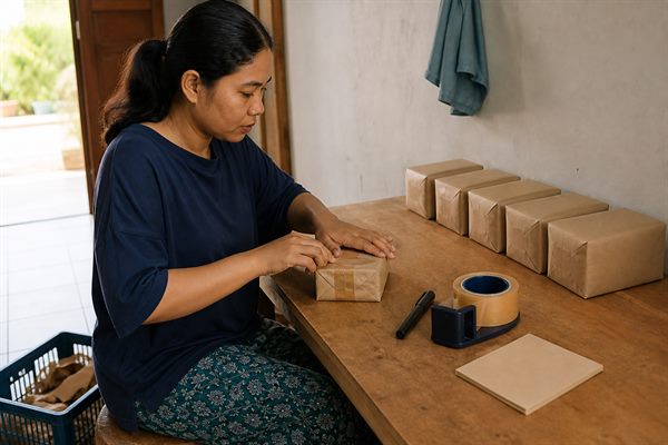 Tangan memegang telepon dengan daftar percakapan pesanan pelanggan di layar