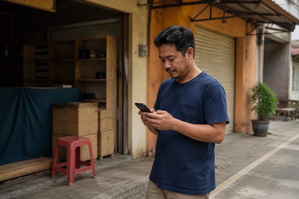 Tampilan peta dan informasi jam buka sebuah usaha kecil pada layar telepon