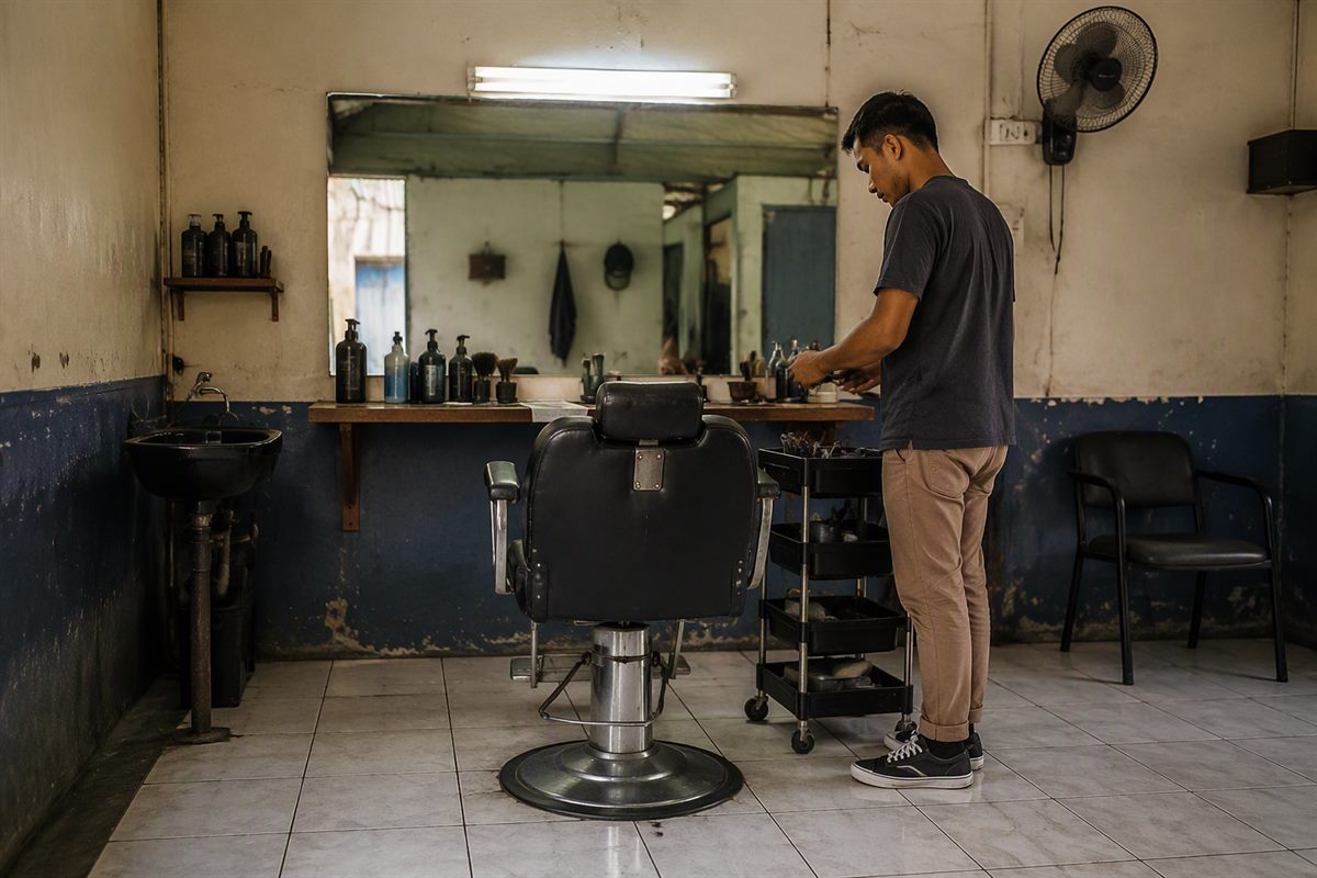 Kursi salon berhadapan dengan cermin besar dan meja berisi alat potong rambut