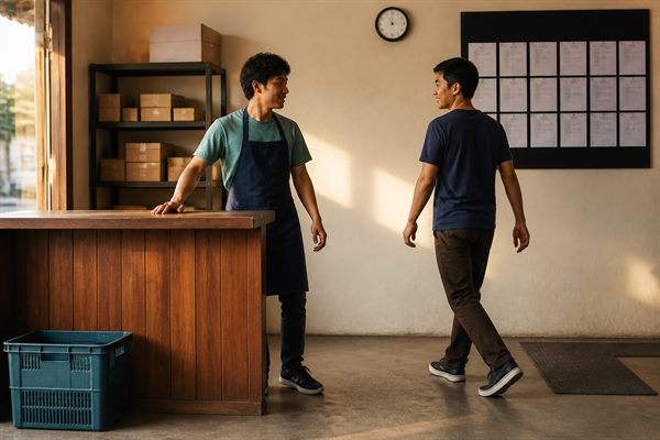 Papan jadwal shift karyawan tergantung di dinding dekat ruang istirahat toko