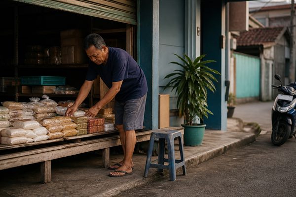 Tempat usaha kecil dengan rak tegak dan penataan barang yang rapi di ruang sempit