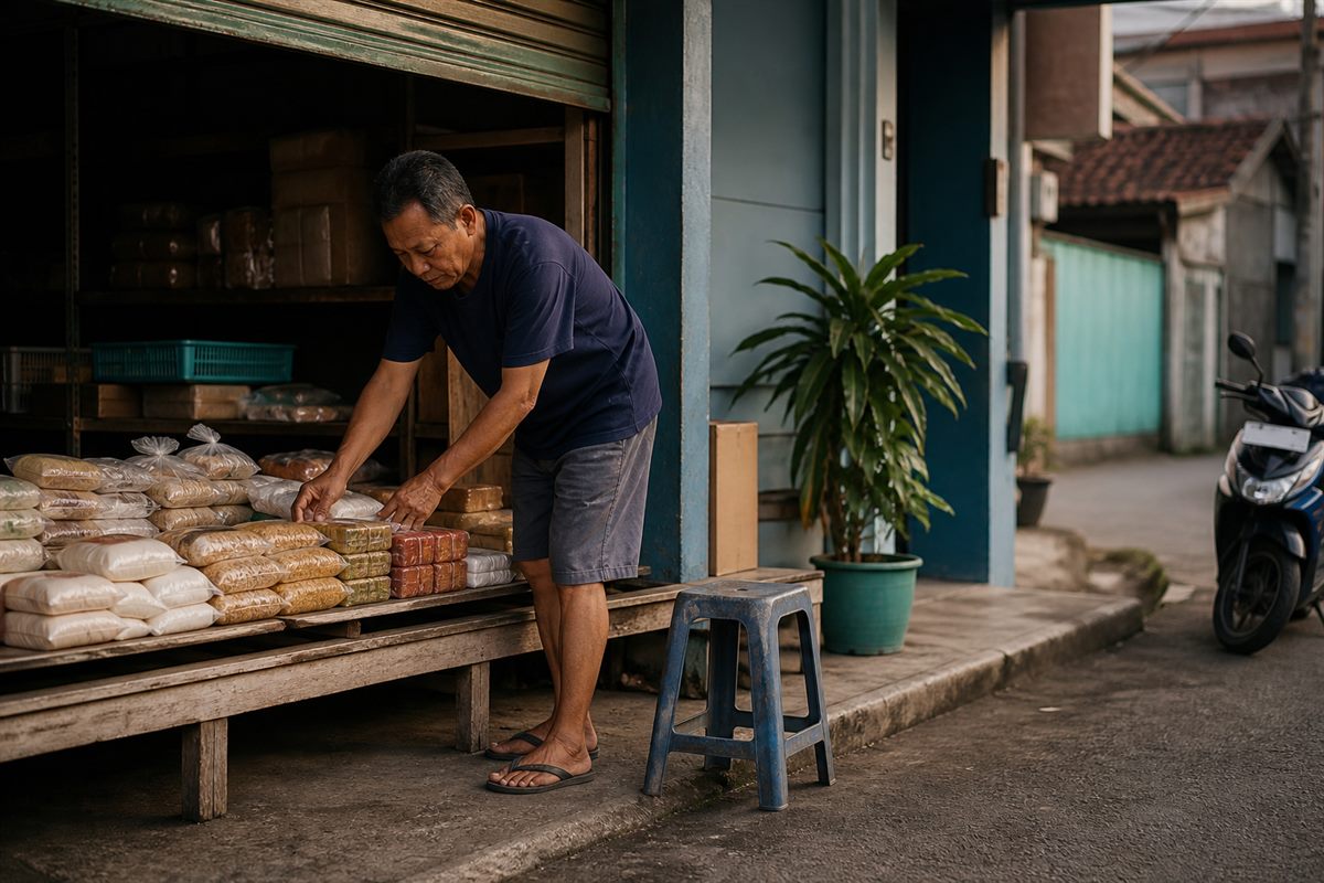 Tempat usaha kecil dengan rak tegak dan penataan barang yang rapi di ruang sempit