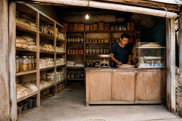 Warung kelontong kecil dengan rak berisi barang kebutuhan harian di depan rumah